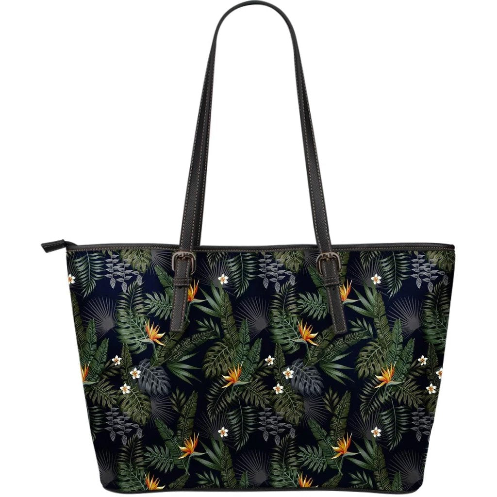 Hawaii Tropical Leaves And Flowers In The Night Style Large Leather Tote Green - Polynesian Pride