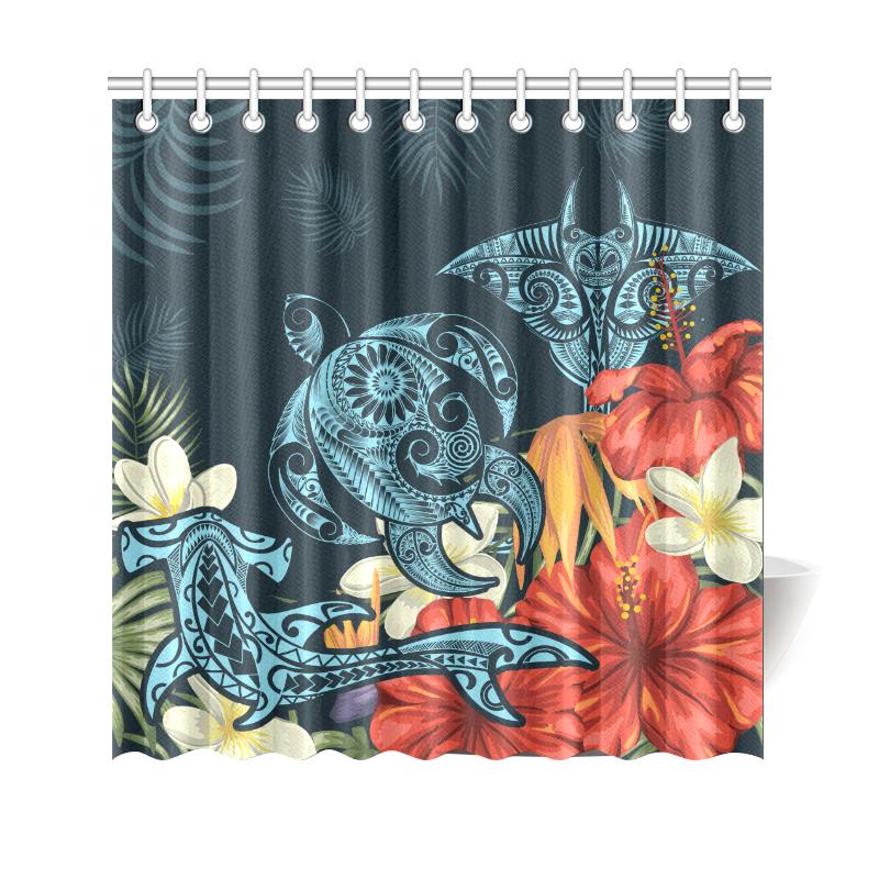 Hawaii Turtle Shark Manta Ray Hibiscus Plumeria Shower Curtain 177 x 172 (cm) Blue - Polynesian Pride