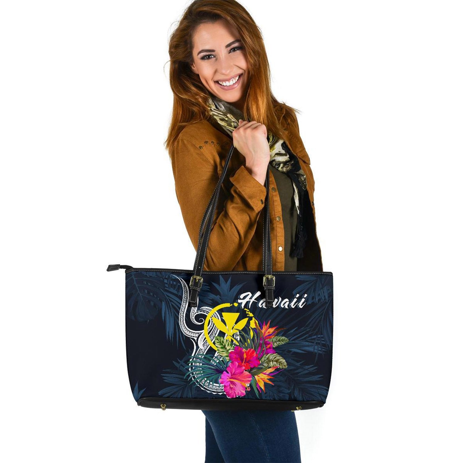 Hawaii Polynesian Large Leather Tote - Tropical Flower Blue - Polynesian Pride