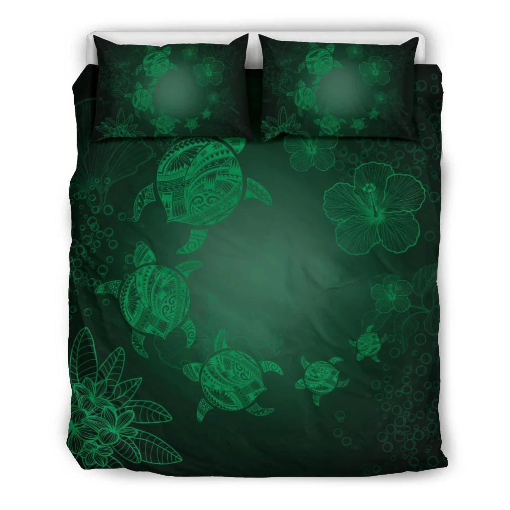 Hawaiian Plumeria Hibiscus Turtle Under The Sea Polynesian Bedding Set Green Green - Polynesian Pride