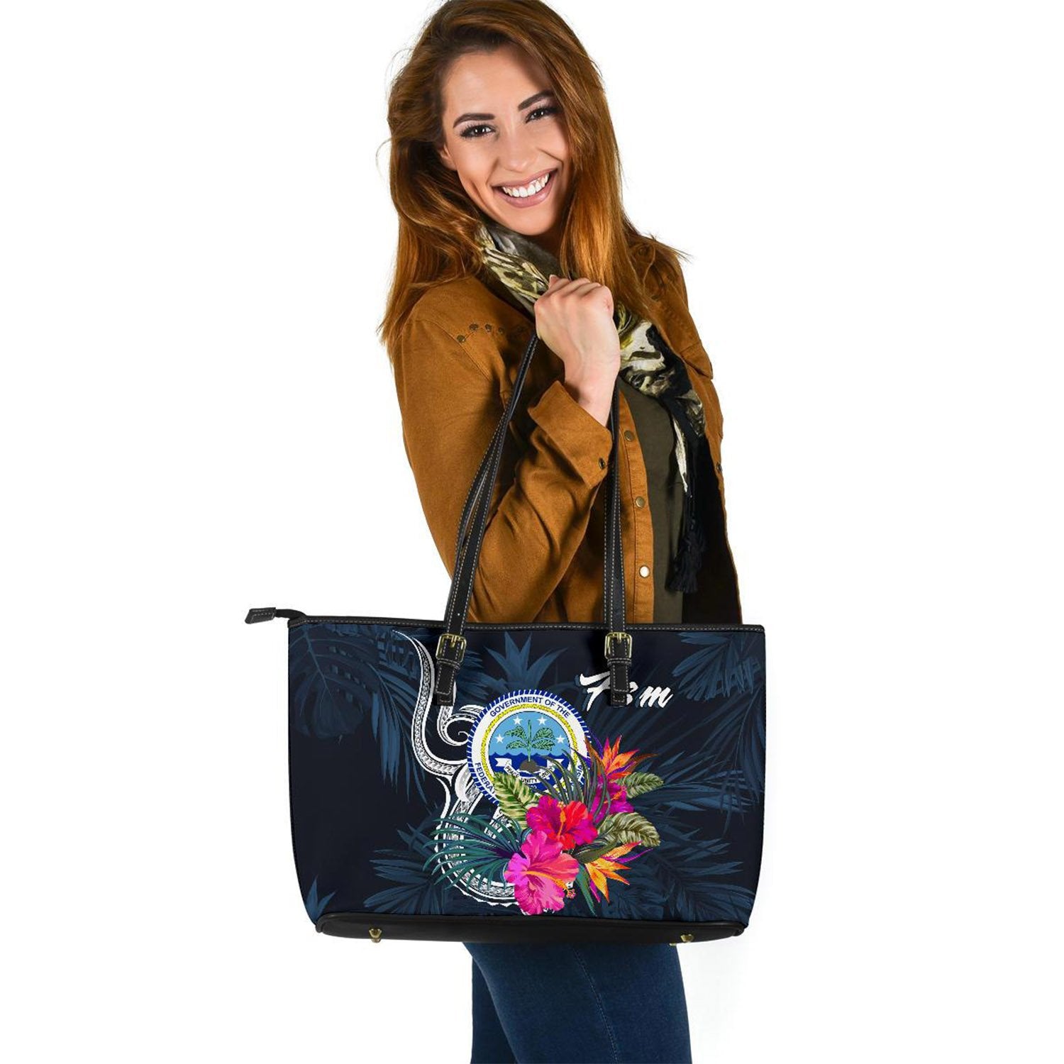 Federated States of Micronesia Leather Tote - Tropical Flower Blue - Polynesian Pride