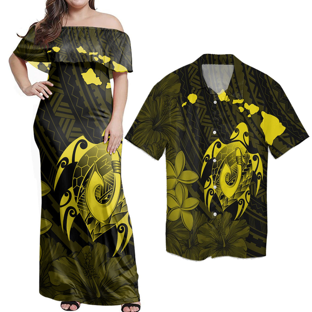 Matching Couple Hawaiian Outfits Dress and Hawaiian Shirt Map Turtle Plumeria Hibiscus Fish Hook Polynesian Yellow RLT14 No Dress - Polynesian Pride