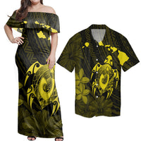 Matching Couple Hawaiian Outfits Dress and Hawaiian Shirt Map Turtle Plumeria Hibiscus Fish Hook Polynesian Yellow RLT14 No Dress - Polynesian Pride