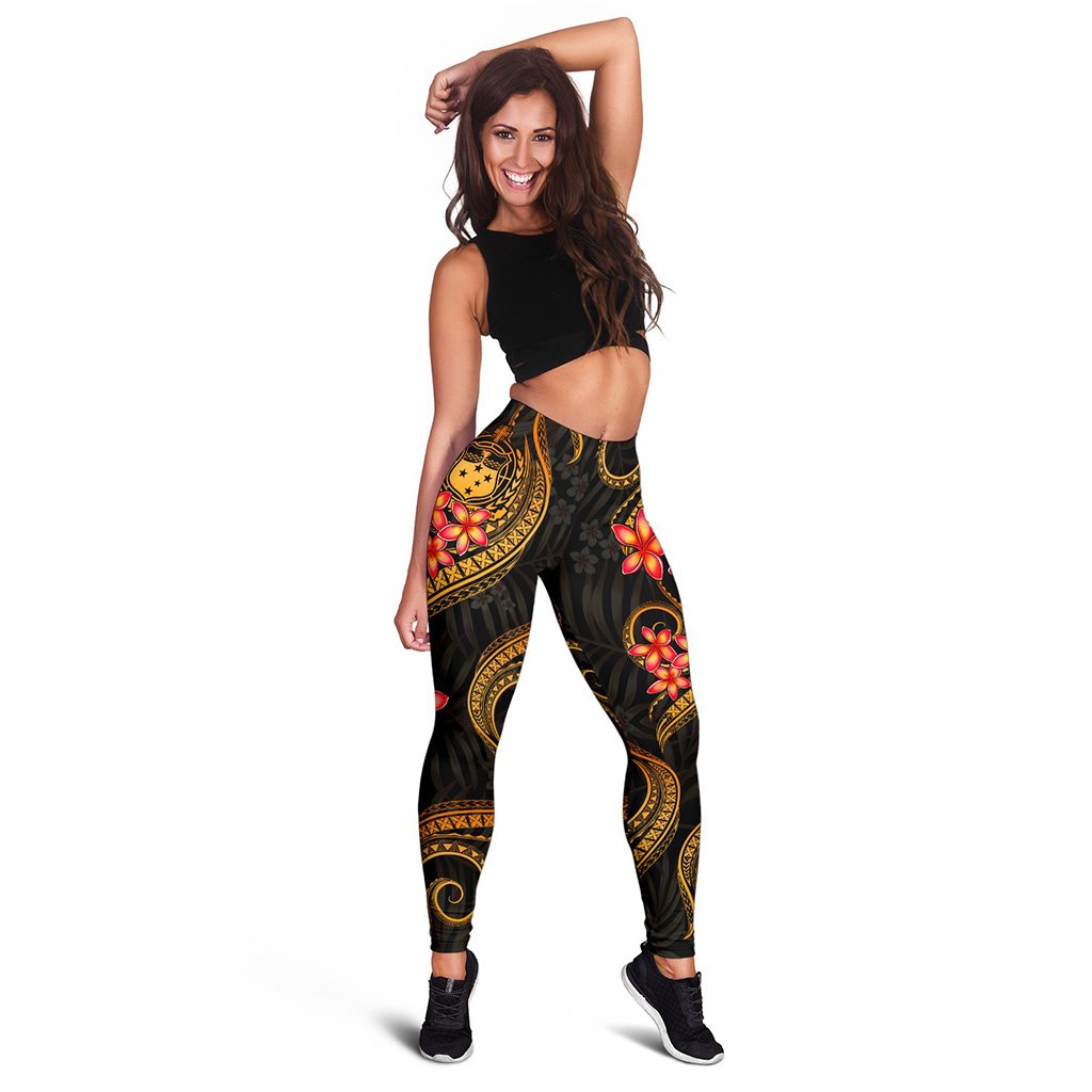 Samoa Polynesian Women Legging - Gold Plumeria Black - Polynesian Pride