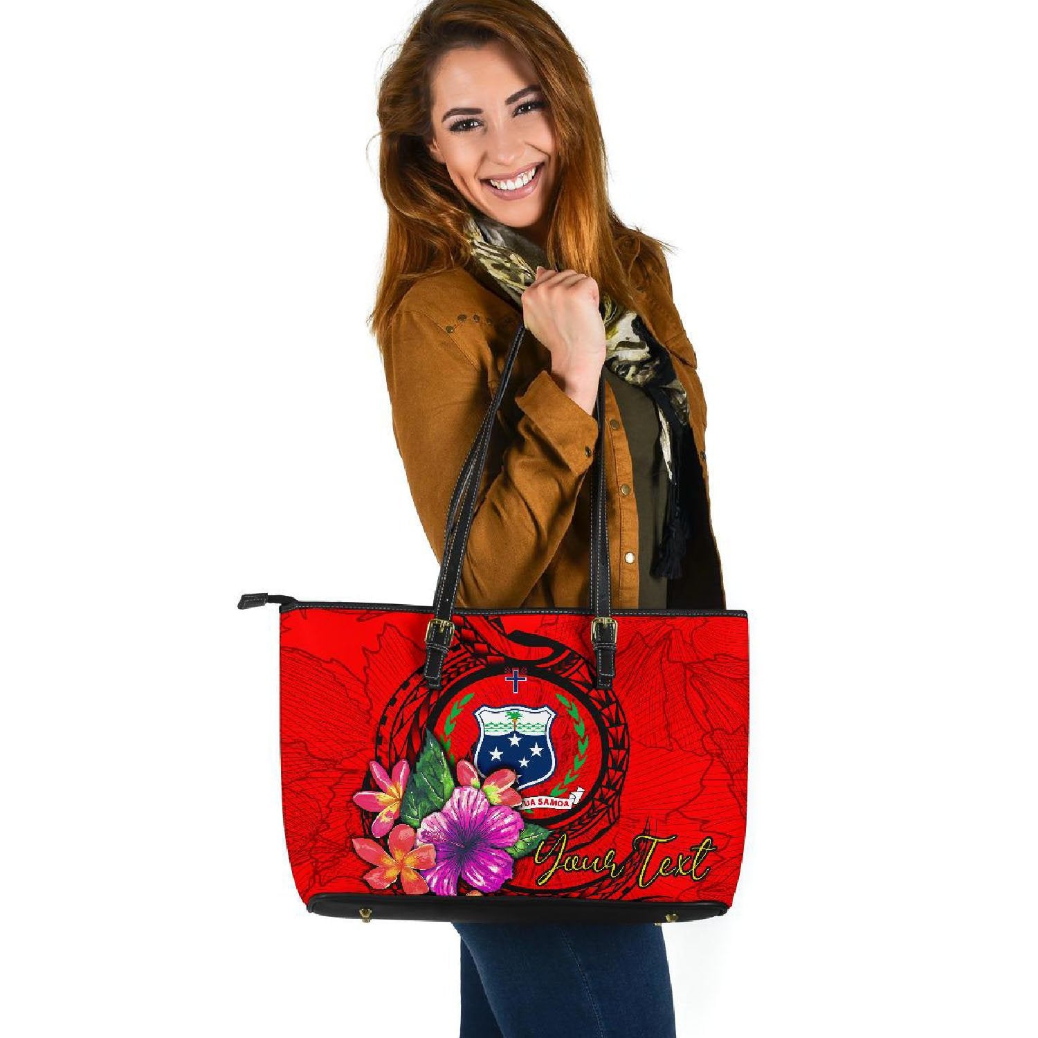 Samoa Polynesian Custom Personalised Large Leather Totes - Floral With Seal Red Red - Polynesian Pride