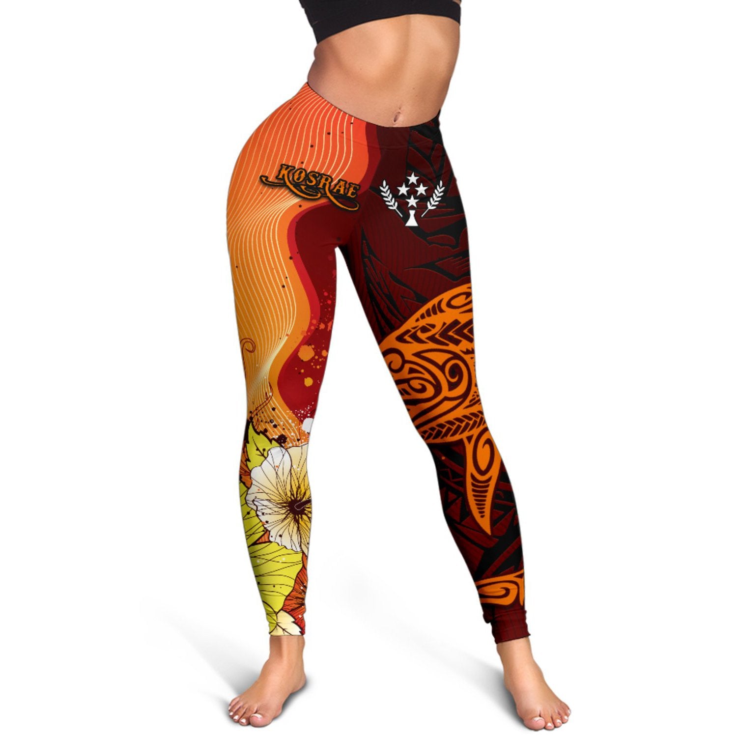 Kosrae Women's Leggings - Tribal Tuna Fish Orange - Polynesian Pride