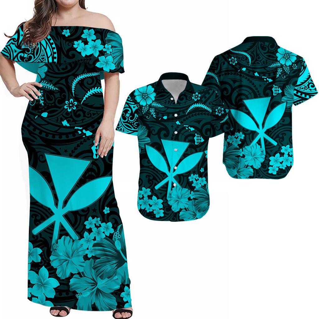 Hawaii Matching Polynesia Kanaka Maoli Turquoise Hawaiian Dress and Hawaiian Shirt LT13 Turquoise - Polynesian Pride