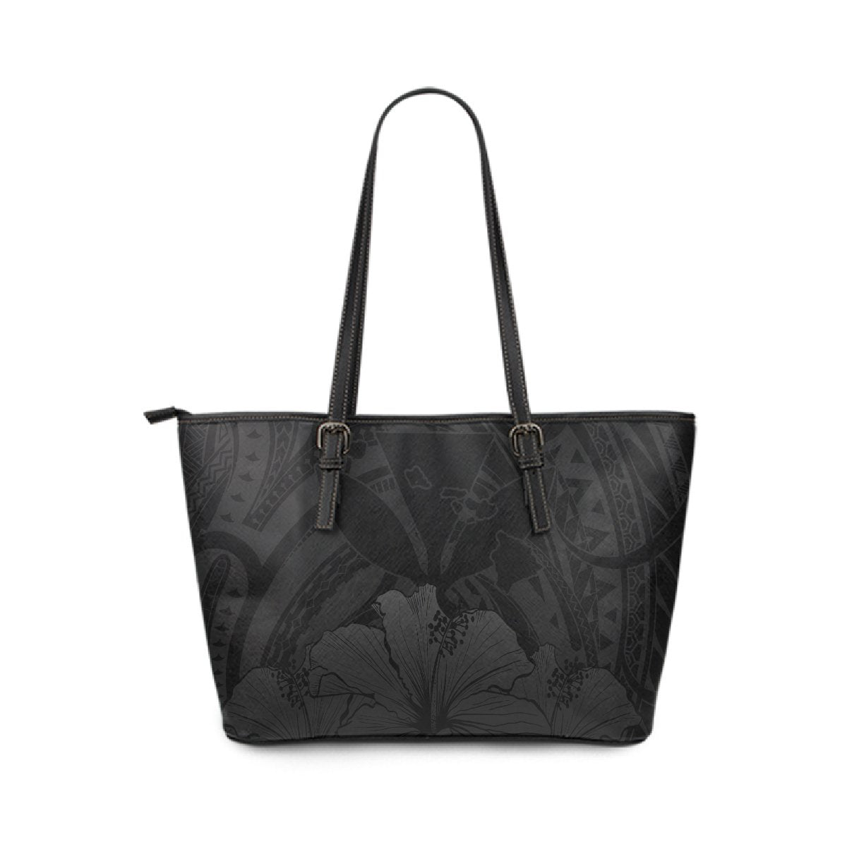 Personalised - Hawaii Royal Hibiscus Polynesian Tribal Small Leather Tote Bag Gray AH Gray - Polynesian Pride