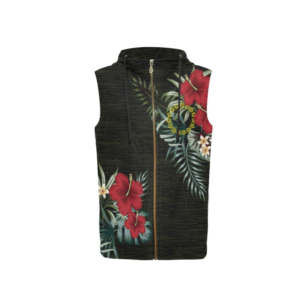 Cook Islands Hibiscus Zipper Sleeveless Hoodie Sleeveless Zip Hoodie Black - Polynesian Pride