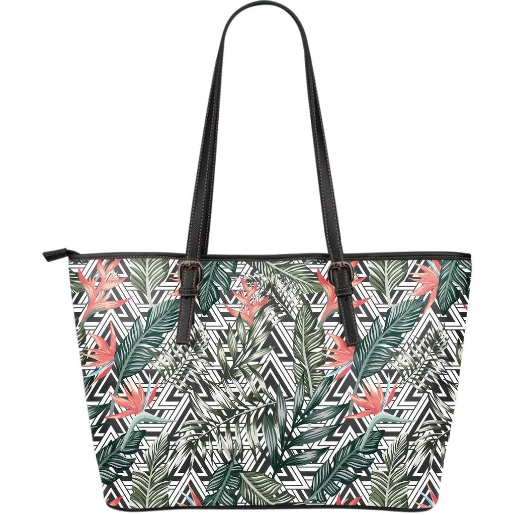 Hawaii Tropical Palm Leaves And Flowers Large Leather Tote Green - Polynesian Pride