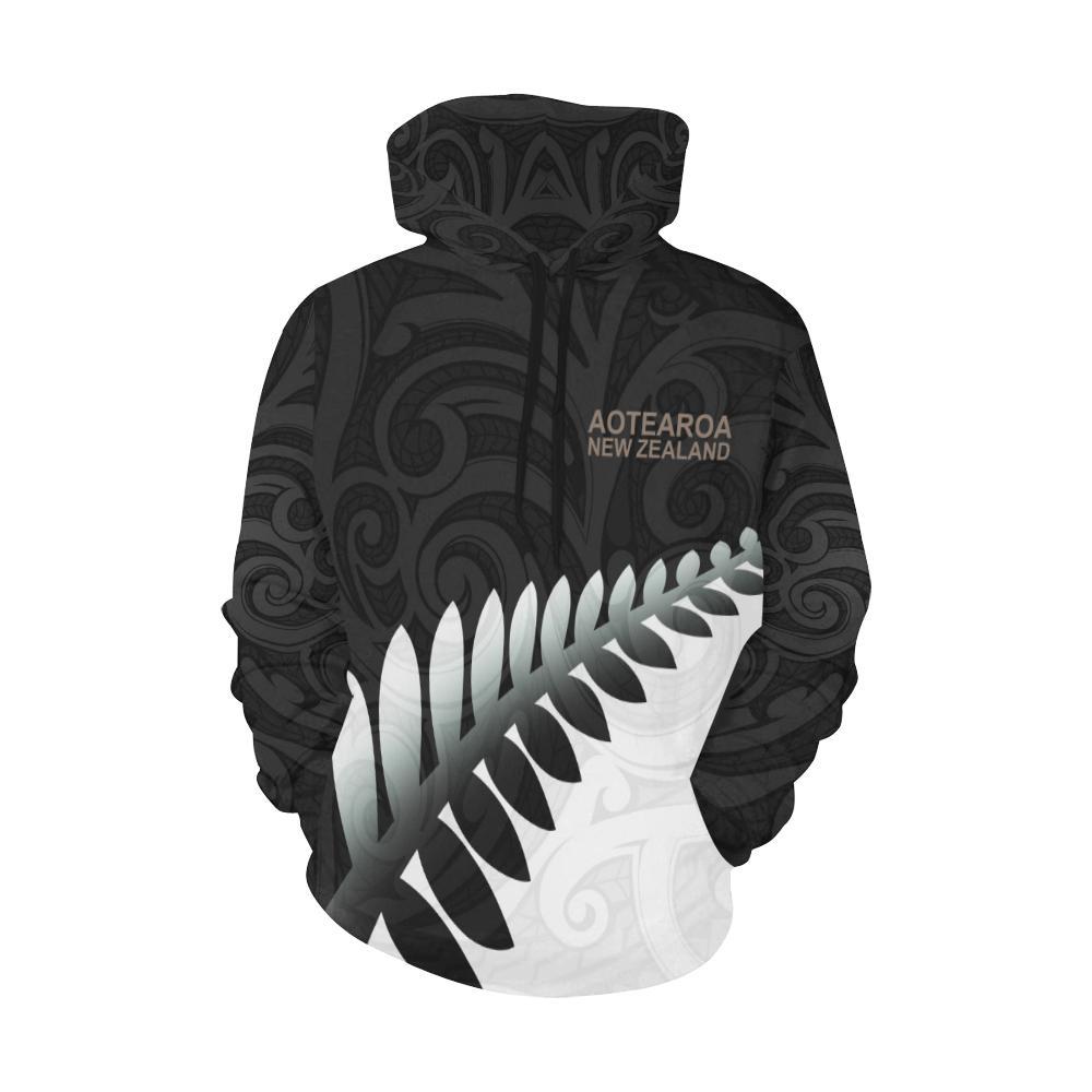 Aotearoa Hoodie Silver Fern Maori Pattern Unisex Black - Polynesian Pride