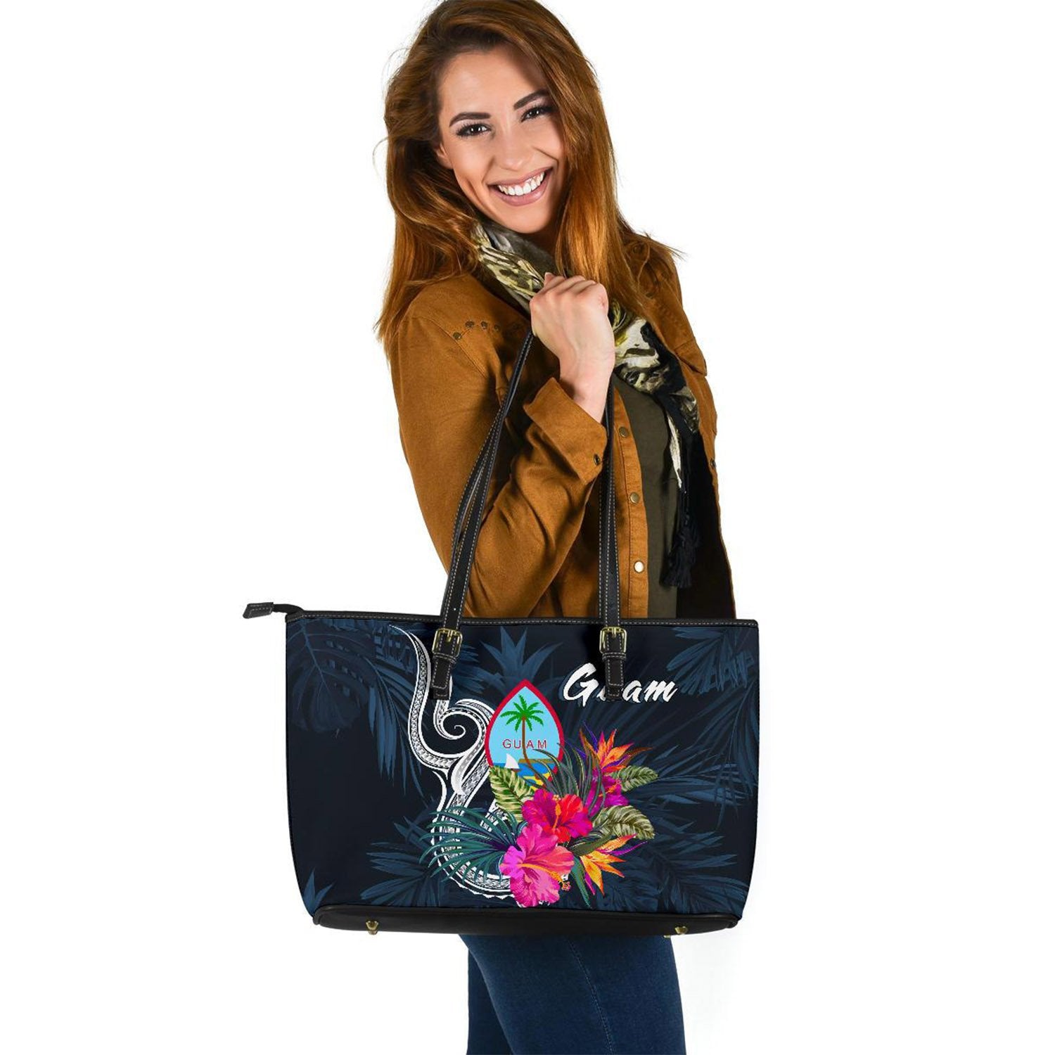 Guam Polynesian Large Leather Tote - Tropical Flower Blue - Polynesian Pride