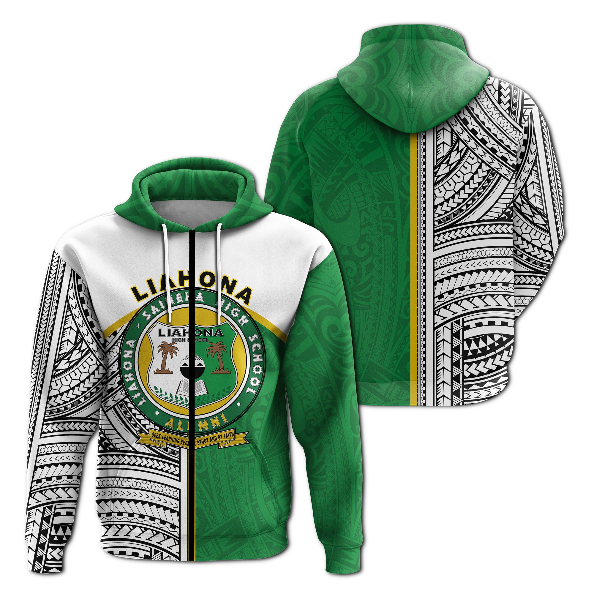 Liahona High School Zip up Hoodie Polynesian Patterns LT20 Unisex Green - Polynesian Pride