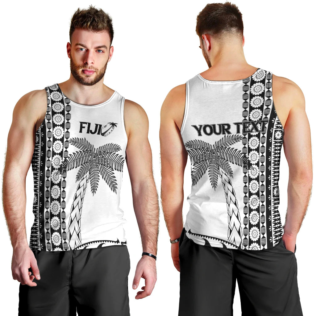 (Custom Personalised) Fiji Rugby Men's Tank Top - Coconut Tree With Tapa Pattern - LT12 Black - Polynesian Pride