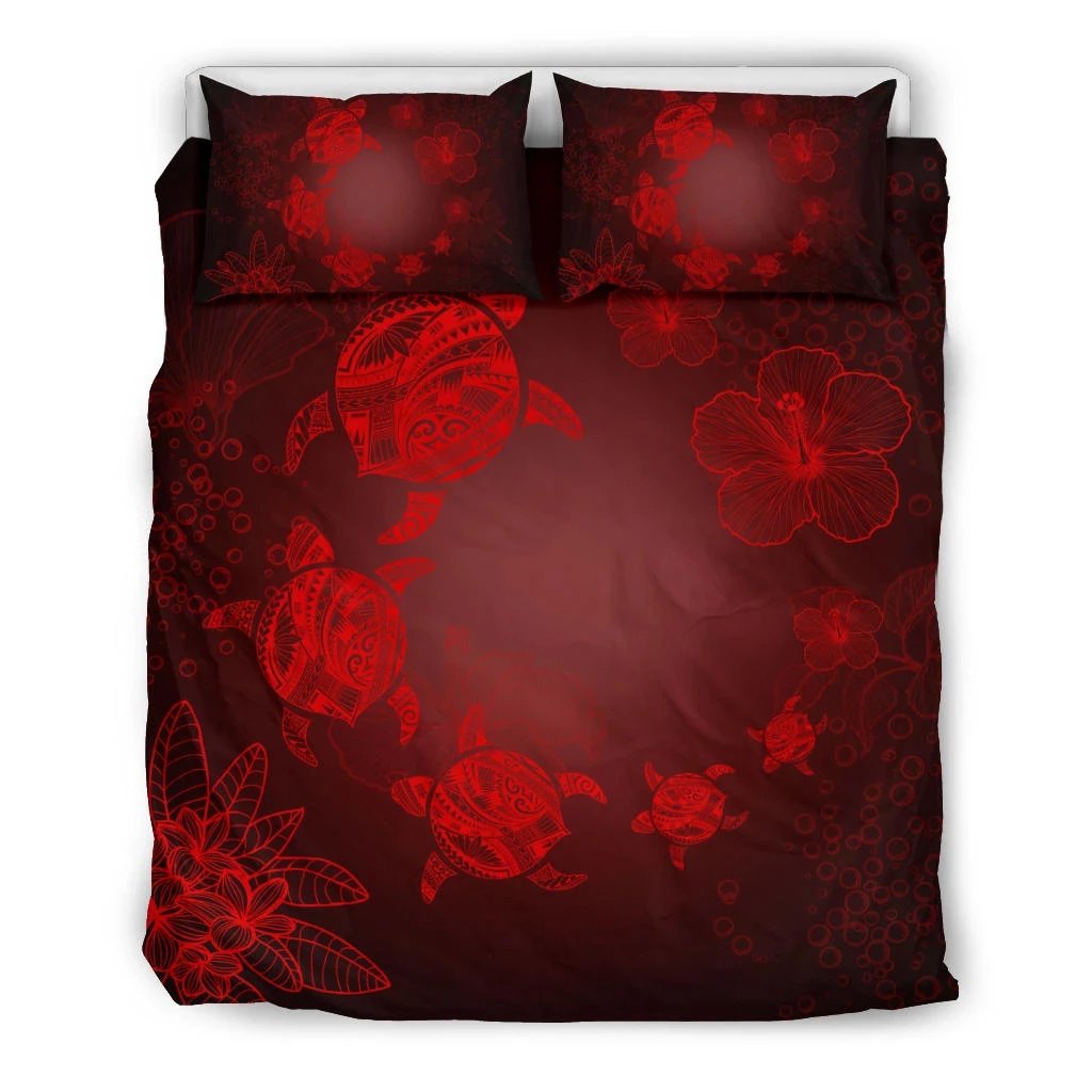 Hawaiian Plumeria Hibiscus Turtle Under The Sea Polynesian Bedding Set Red Red - Polynesian Pride