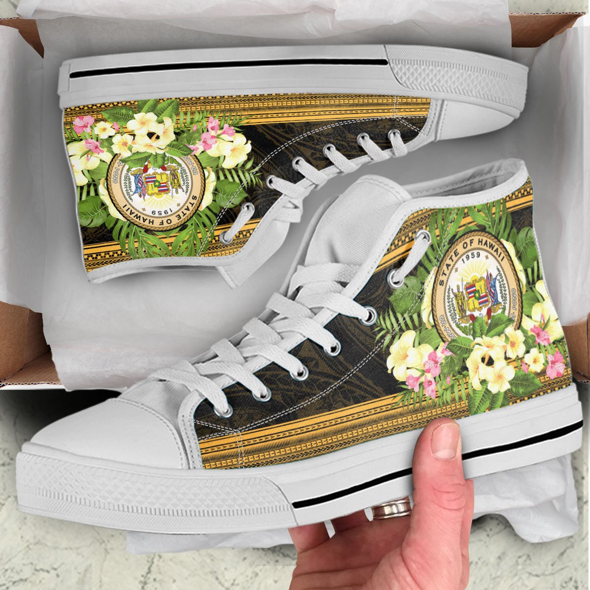 Hawaii High Top Shoes - Polynesian Gold Patterns Collection Kid - White Sole - Polynesian Pride