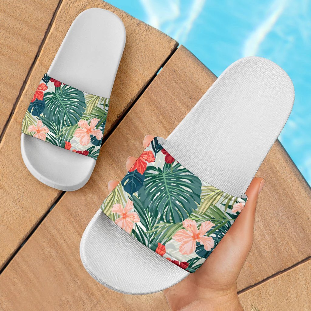 Hawaii Hibiscus Pattern Green Slide Sandals White - Polynesian Pride