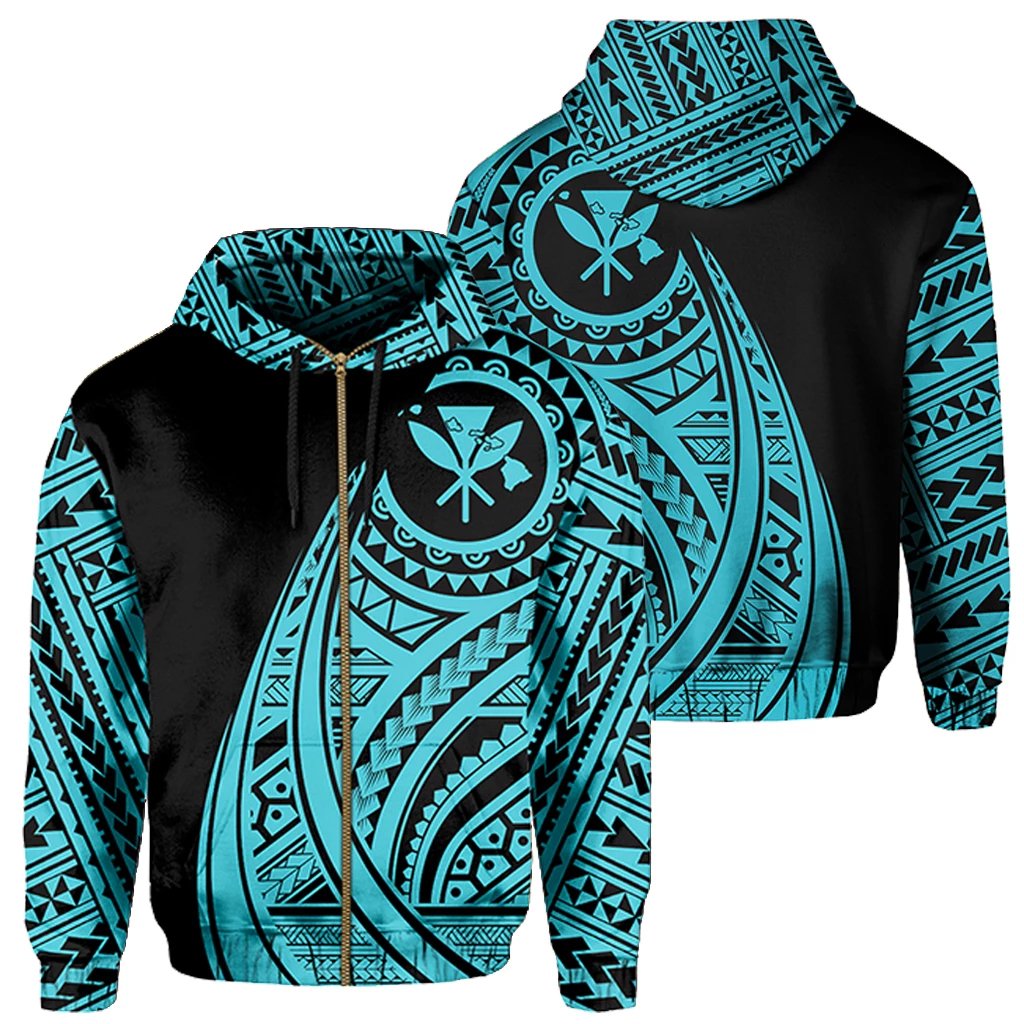 Hawaii Kanaka Polynesian Zip up Hoodie Tatoo Style Blue Unisex Blue - Polynesian Pride