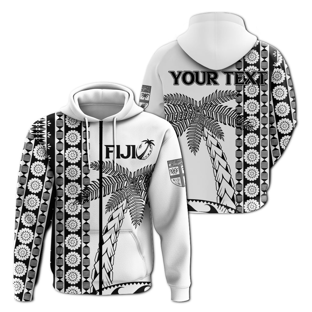 Custom Fiji Rugby Zip up Hoodie Coconut Tree With Tapa Pattern LT12 Unisex White - Polynesian Pride