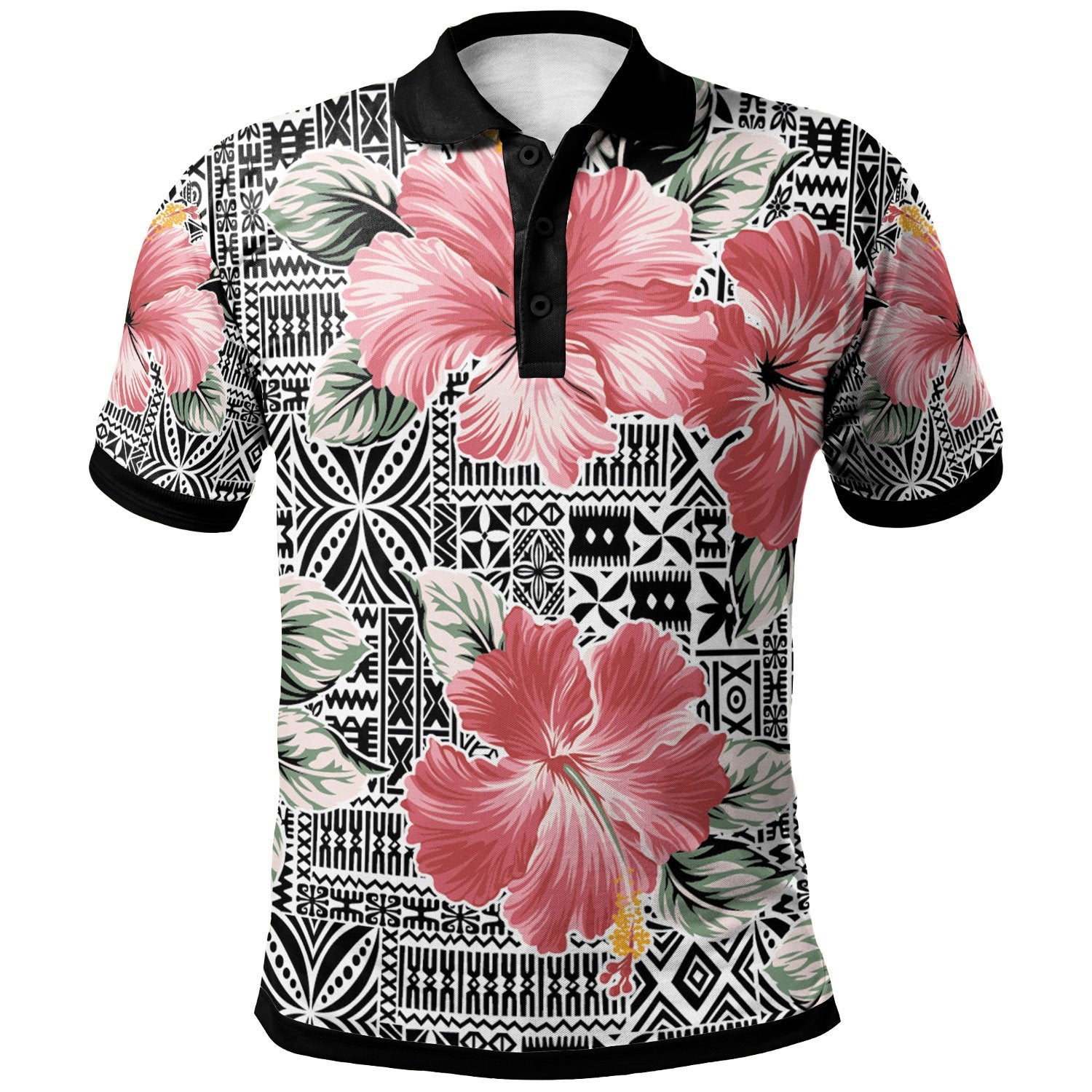 Polynesian Polo Shirt Pink Hibiscus Flower With Tapa Pattern Unisex Vintage Color - Polynesian Pride