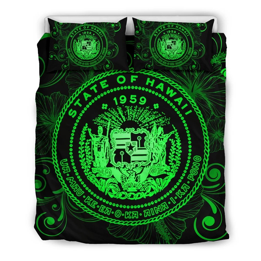 Hawaiian Hibiscus Flag Coat Of Arms Polynesian Bedding Set Green - Royal Style Green - Polynesian Pride