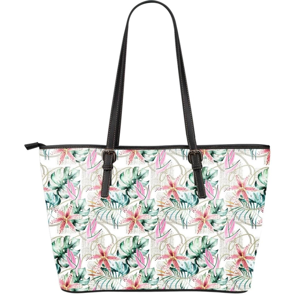 Hawaii Tropical Pattern With Orchids, Leaves And Gold Chains. Large Leather Tote Green - Polynesian Pride