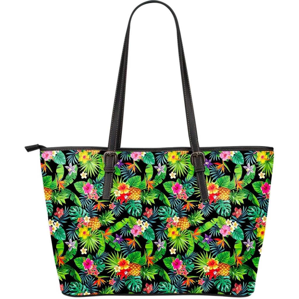 Hawaii Tropical Pattern With Pineapples, Palm Leaves And Flowers. Large Leather Tote Green - Polynesian Pride