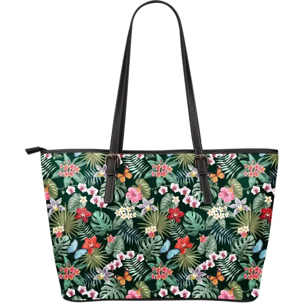 Hawaii Tropical Plumeria Pattern With Palm Leaves Large Leather Tote Green - Polynesian Pride