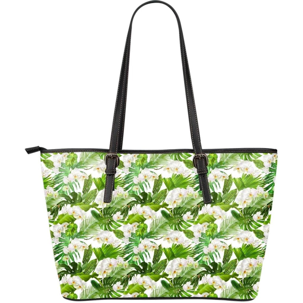 Hawaii Tropical Plumeria White Large Leather Tote Green - Polynesian Pride