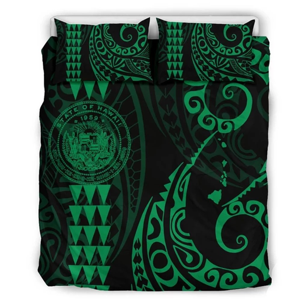 Seal Of Hawaii And Map Bedding Set Green Green - Polynesian Pride