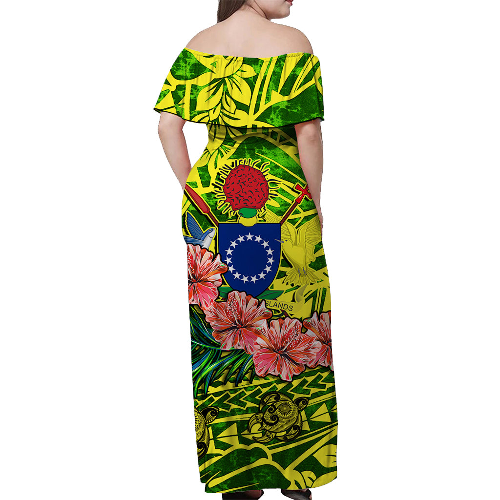 Cook Islands Off Shoulder Long Dress Hibiscus and Turtles Green LT13 - Polynesian Pride