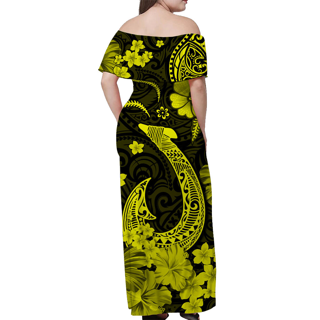 Hawaii Off Shoulder Long Dress Polynesia Yellow Fish Hook LT13 - Polynesian Pride