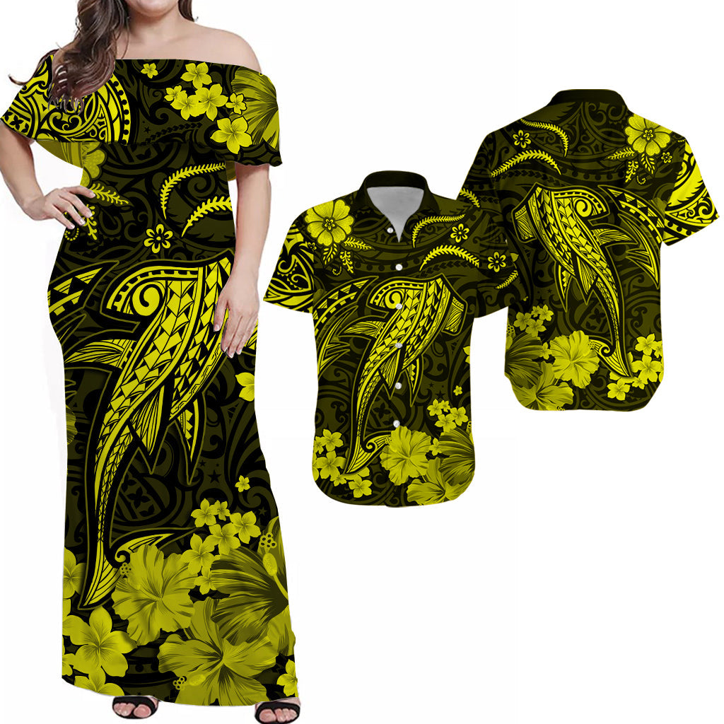 Polynesian Couple Outfits Hawaii Matching Dress and Hawaiian Shirt Polynesia Yellow Shark LT13 Yellow - Polynesian Pride