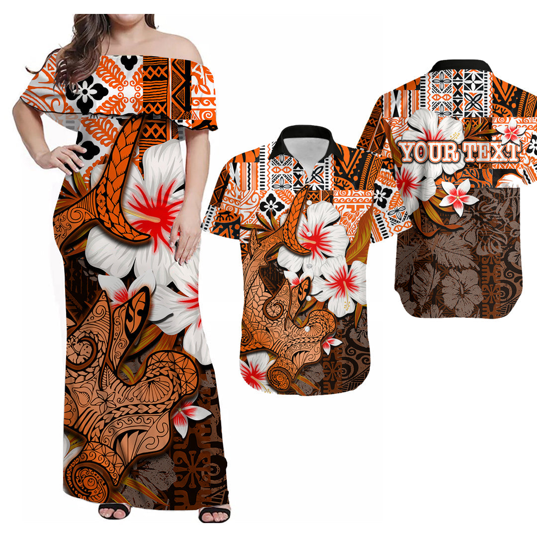 Custom Hawaiian Tribal Hammerhead Shark Tattoo Matching Hawaiian Shirt and Dress with Polynesian Hibiscus Orange LT6 Art - Polynesian Pride