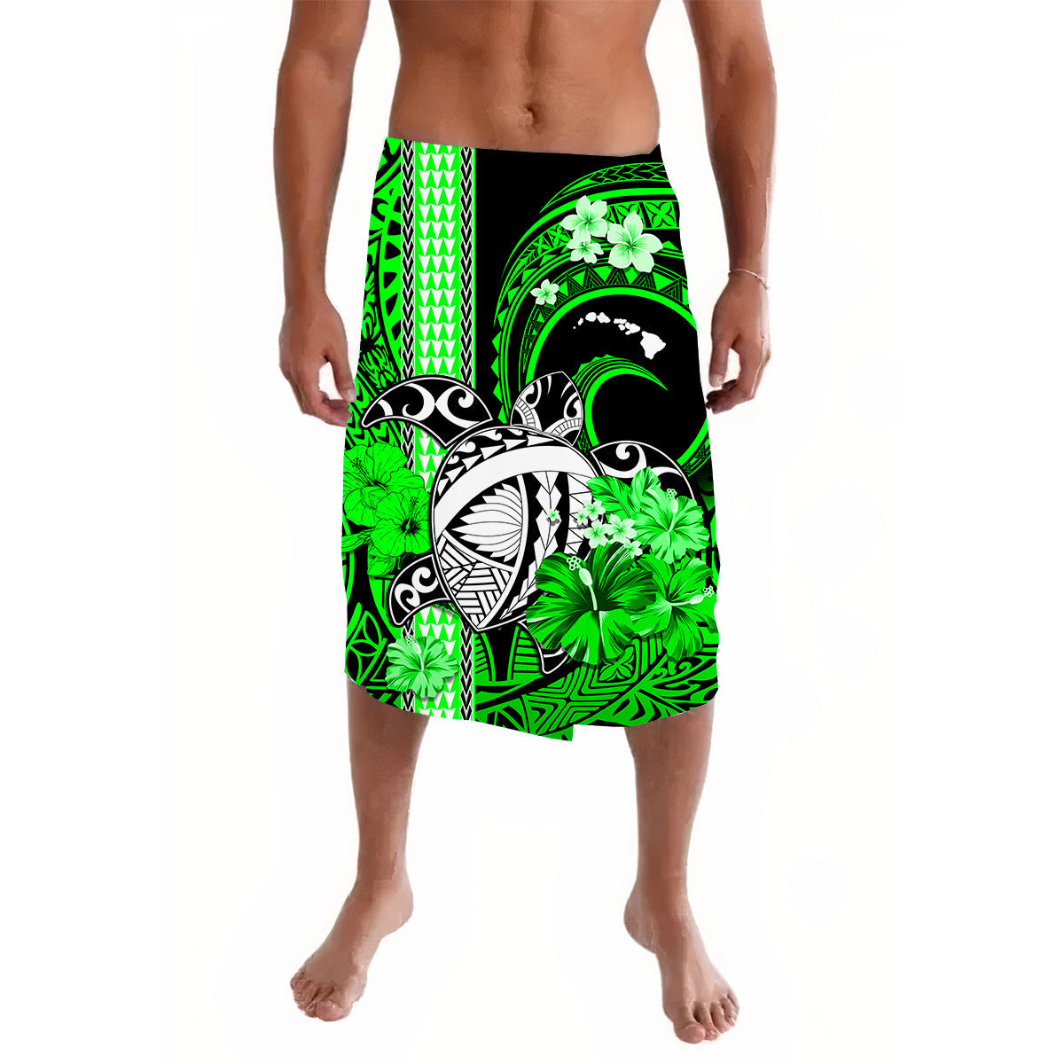 Hawaii Lavalava Polynesian Turtle Map and Green Hibiscus LT13 Green - Polynesian Pride