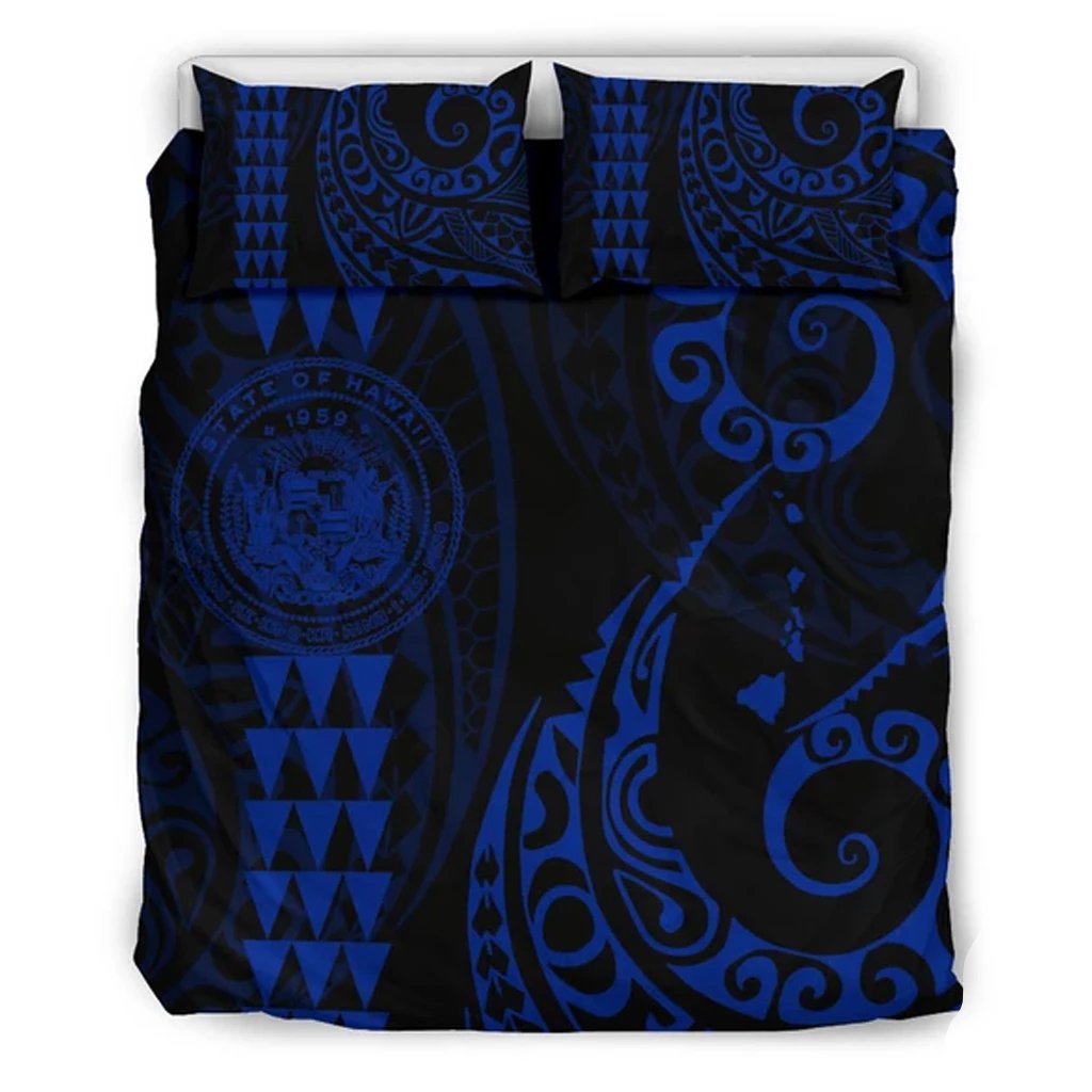 Hawaiian Map Coat Of Arms Flag Polynesian Bedding Set Blue Blue - Polynesian Pride