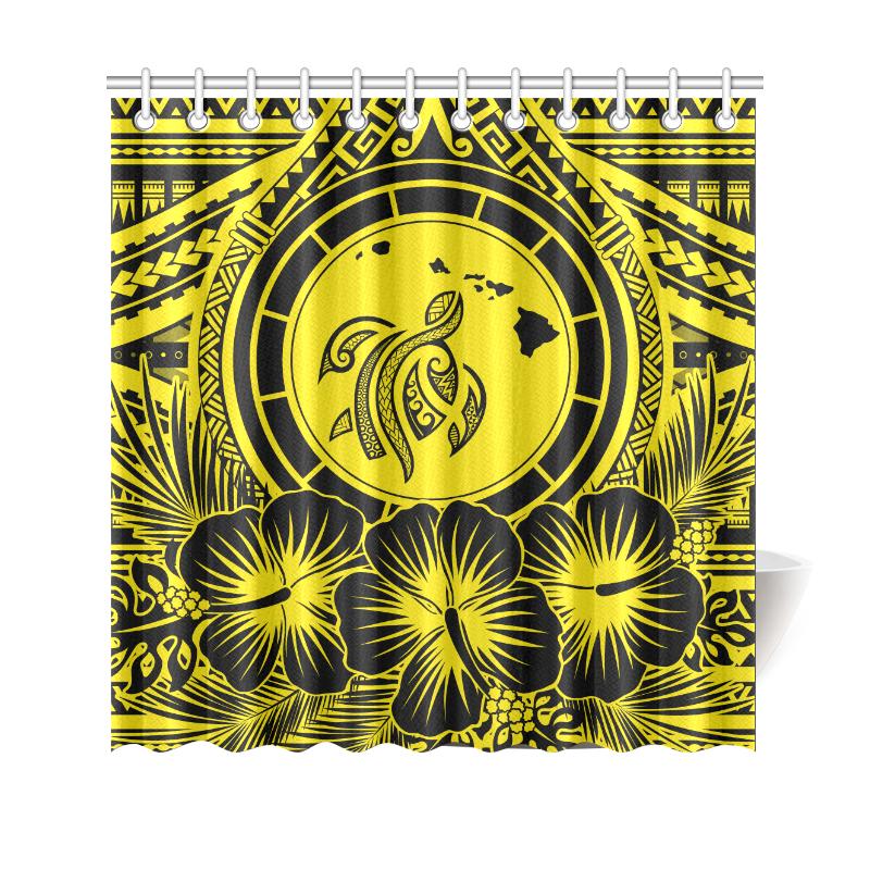 Hawaii Map Honu Hibiscus Yellow Polynesian Shower Curtain 177 x 172 (cm) Yellow - Polynesian Pride