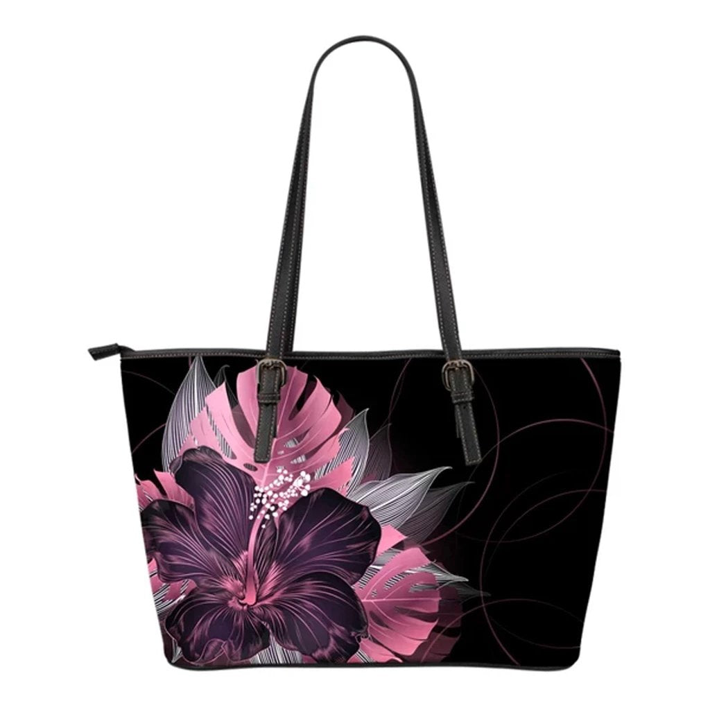 Hawaii Classic Hibiscus Pink Small Leather Tote Black - Polynesian Pride