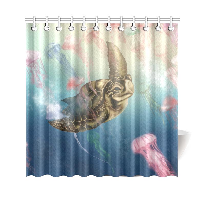 Hawaii Turtle And Jellyfish In Deep Sea Moana Shower Curtain 177 x 172 (cm) Blue - Polynesian Pride