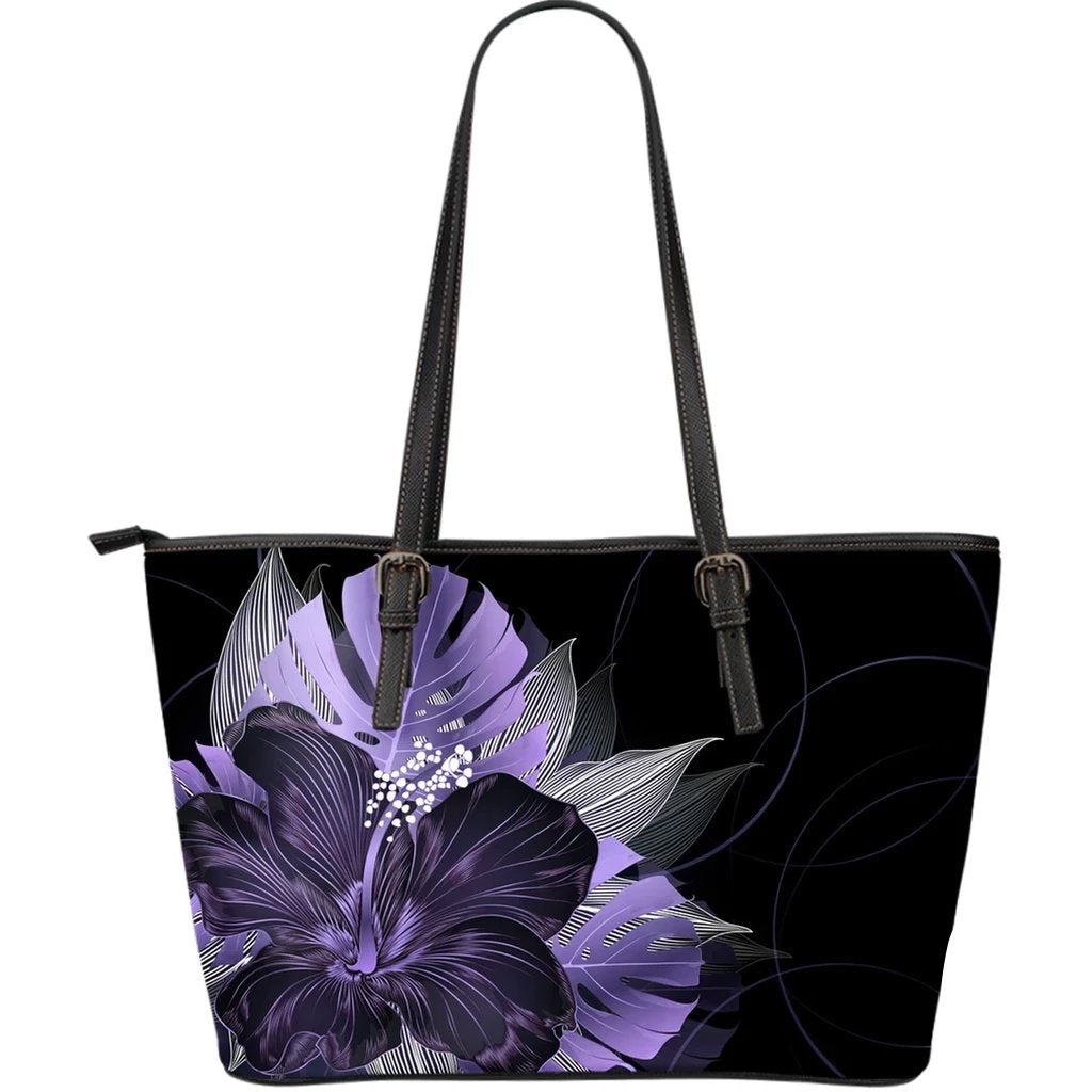 Hawaii Classic Hibiscus Purple Large Leather Tote Black - Polynesian Pride