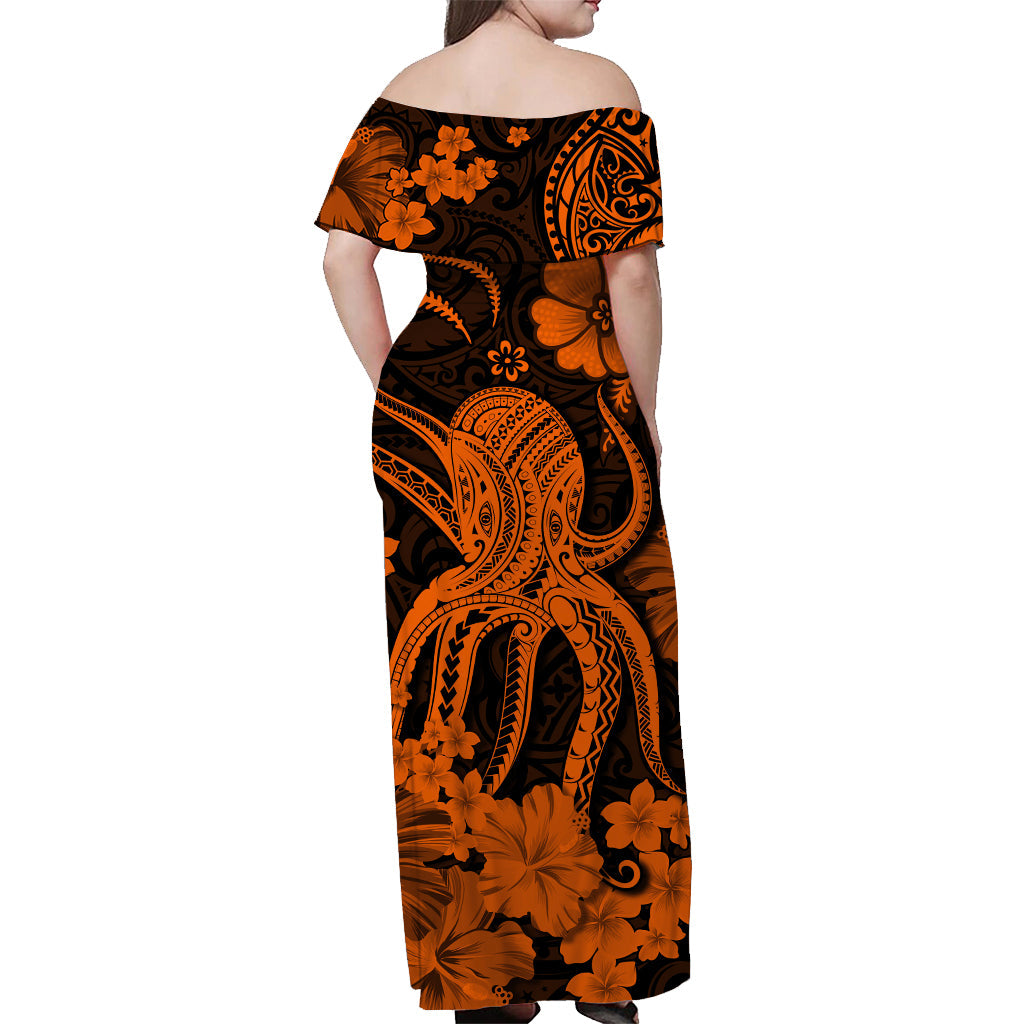 Hawaii Off Shoulder Long Dress Polynesia Orange Octopus LT13 - Polynesian Pride