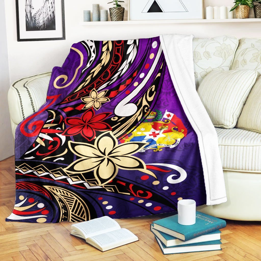 Tonga Premium Blanket - Tribal Flower With Special Turtles Purple Color White - Polynesian Pride