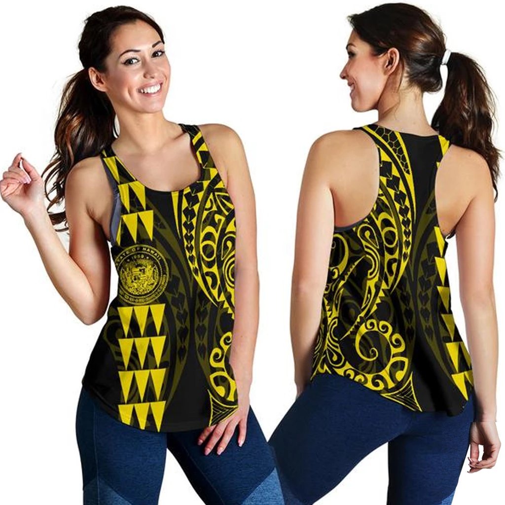 Hawaii Coat of Arm Women's Racerback Tank Yellow Yellow - Polynesian Pride