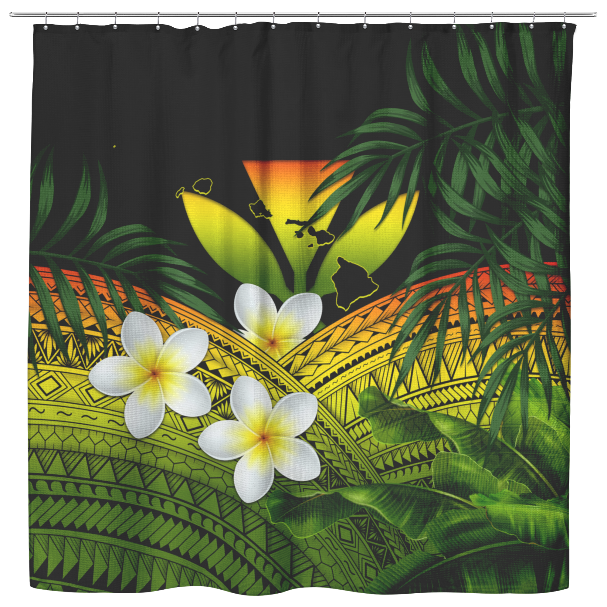 Kanaka Maoli (Hawaiian) Shower Curtain, Polynesian Plumeria Banana Leaves Reggae Shower Curtain Art - Polynesian Pride