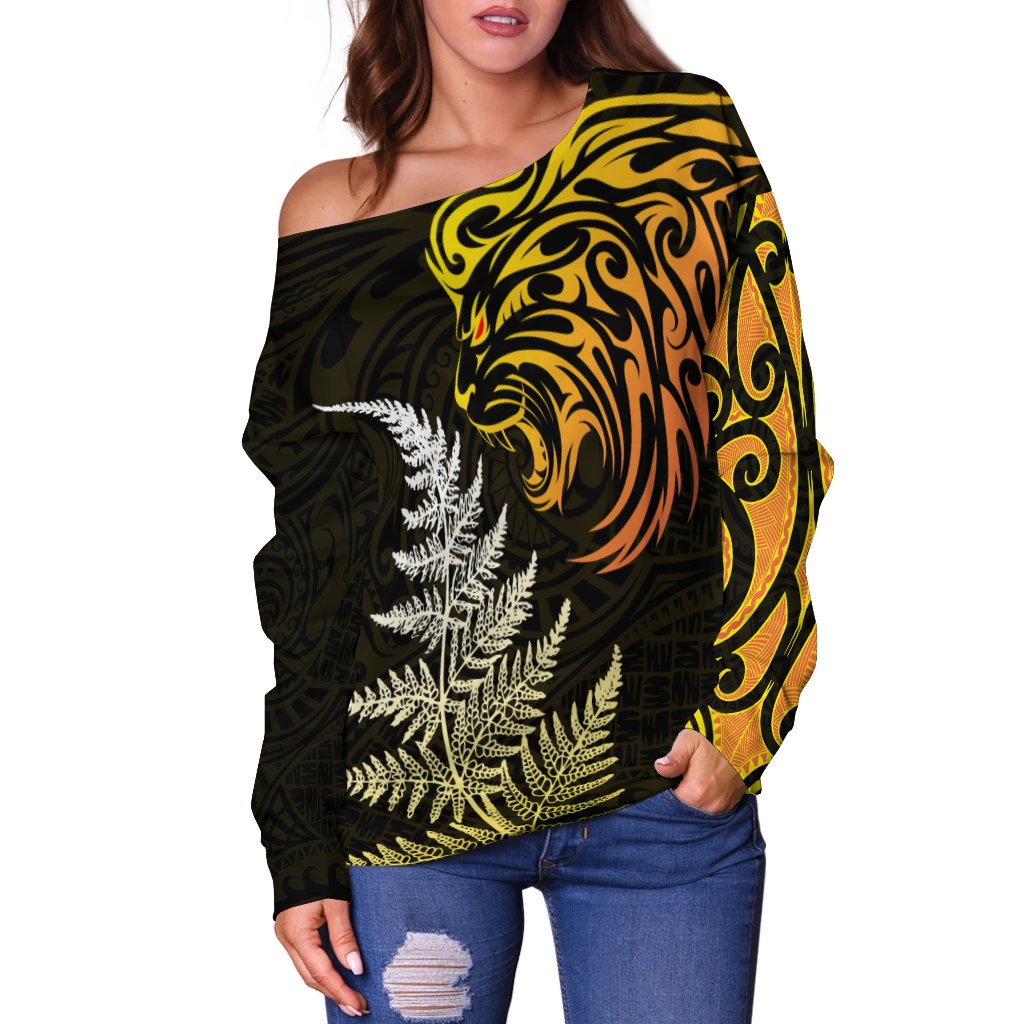 Lion Maori Off Shoulder Sweater Aotearoa mix Silver Fern LT13 - Polynesian Pride