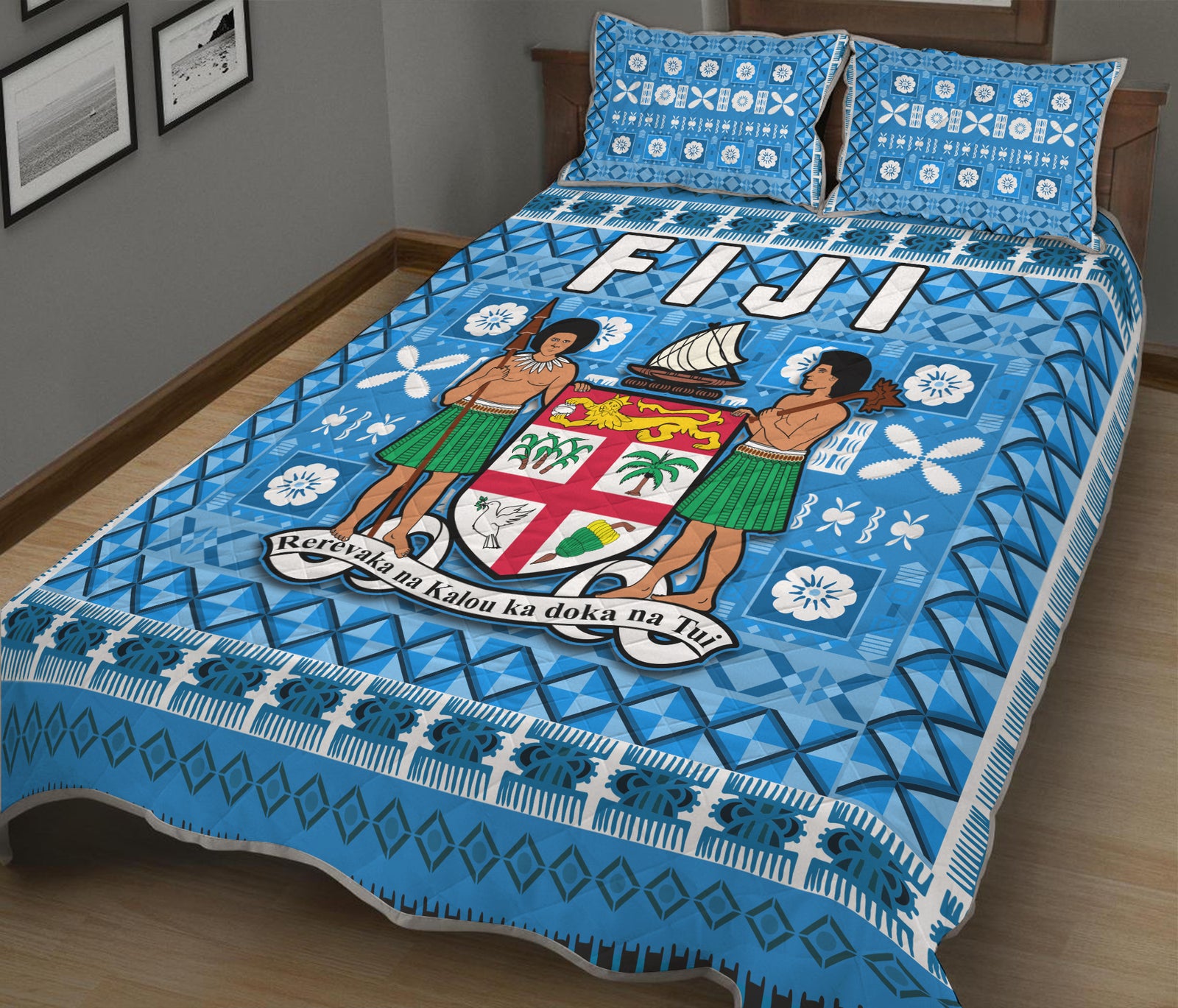 Fiji Quilt Bed Set Pattern - Fijian Tapa Pattern Blue LT13 Blue - Polynesian Pride