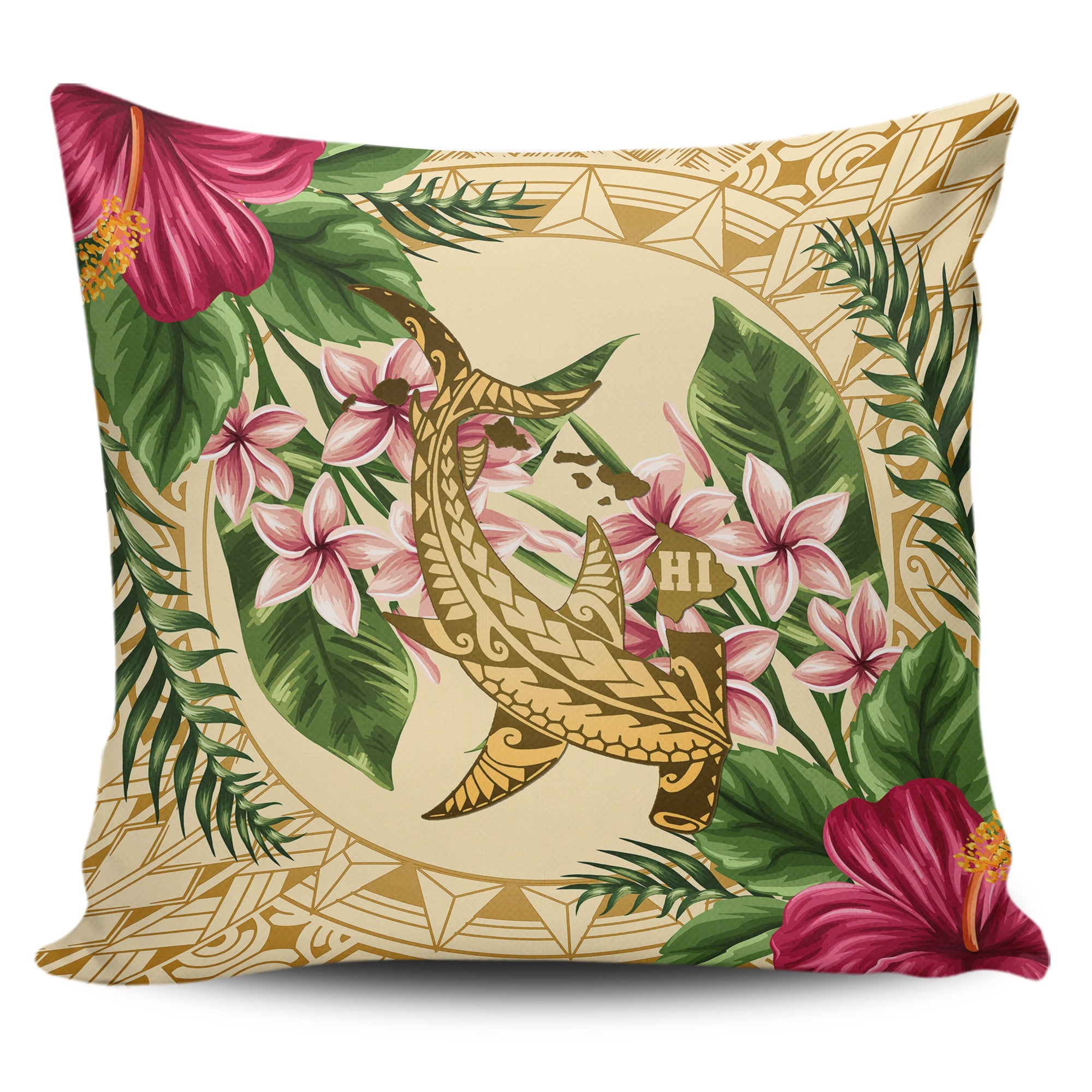 hawaiiPillow Covers - Hammerhead Shark Pillow Covers Strong Pattern Hibiscus Plumeria AH One Style Gold - Polynesian Pride