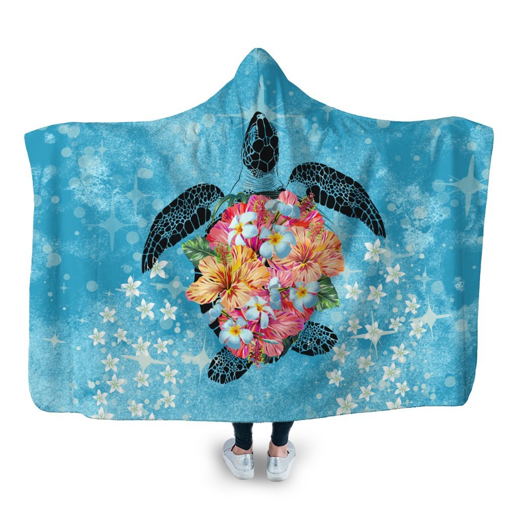 Hawaiian - Hawaii Turtle Hibiscus Plumeria Hooded Blanket - AH Hooded Blanket White - Polynesian Pride