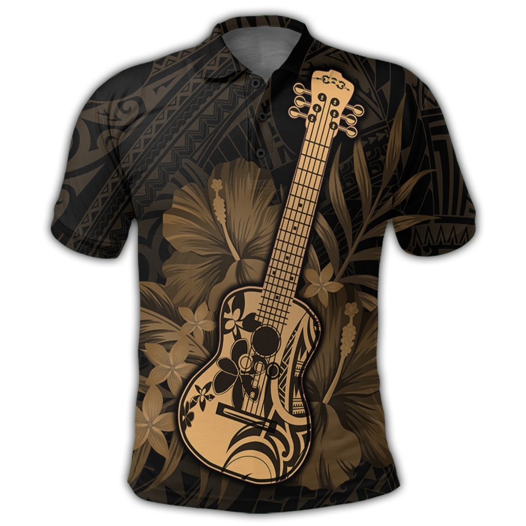 Hawaiian Hawaii Ukulele Flower Polo Shirt Gold - Polynesian Pride