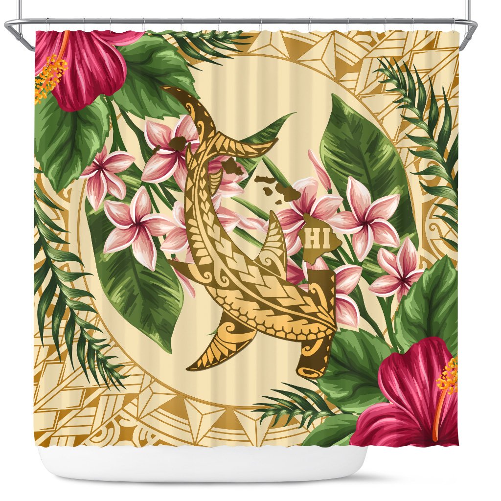 hawaiiShower Curtain - Hammerhead Shark Shower Curtain Strong Pattern Hibiscus Plumeria AH 177 x 172 (cm) Gold - Polynesian Pride